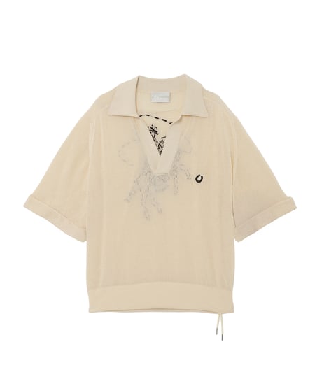 Hand-Embroidered Yomogi Cotton Cowgirl Knit Polo NAVY