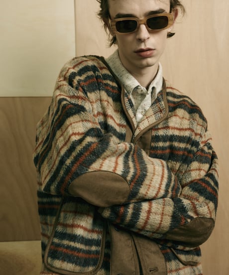 Suede Combo Shaggy Check Cardigan BROWN