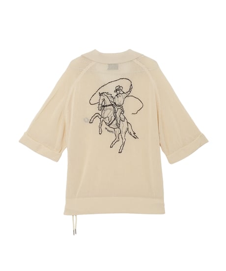 Hand-Embroidered Yomogi Cotton Cowgirl Knit Polo NAVY