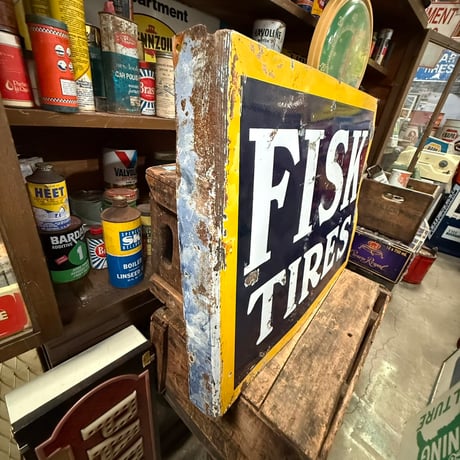 Vintage FISK TIRES 両面 フランジタイプ ホーロー看板 21-291