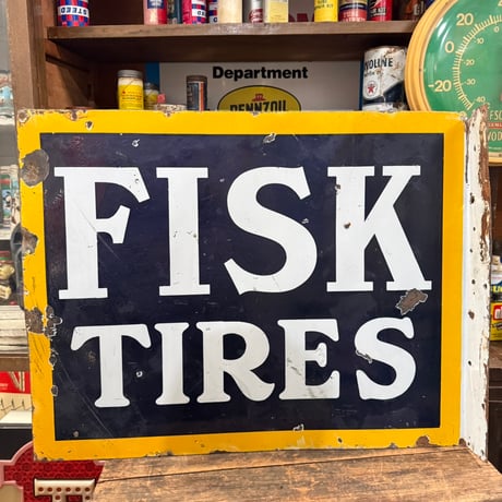 Vintage FISK TIRES 両面 フランジタイプ ホーロー看板 21-291