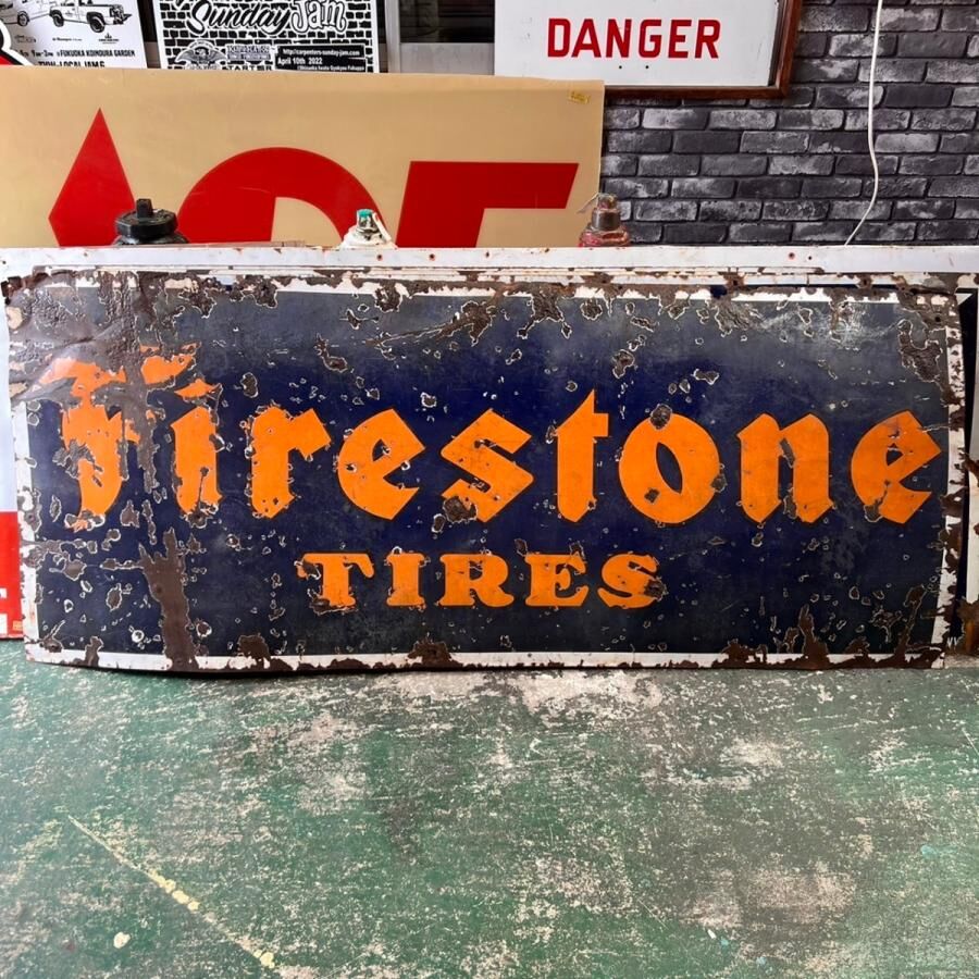 き*ょ様 特大アンティーク ファイヤーストーン看板 1930'sアメリカ USA Firestone ファイヤーストーン 1940' ヴィンテージ 横長看板 (13)445 |