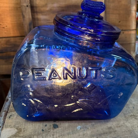 Vintage PEANUTS ロゴ入り コバルトブルー ガラスジャー 18-180-2