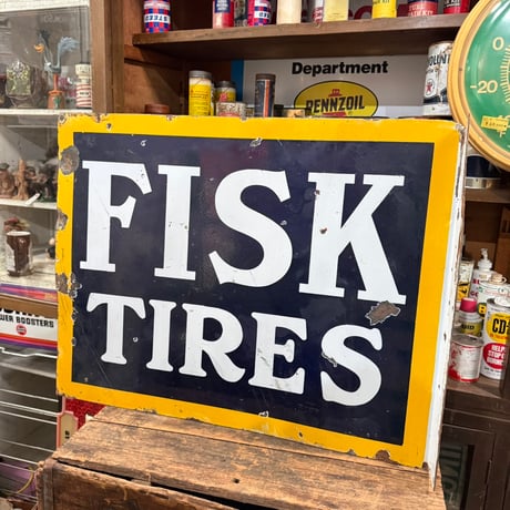 Vintage FISK TIRES 両面 フランジタイプ ホーロー看板 21-291