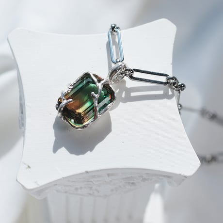 【一点もの】ペンダント「silver×カットガラス」 グリーン×ブラウン