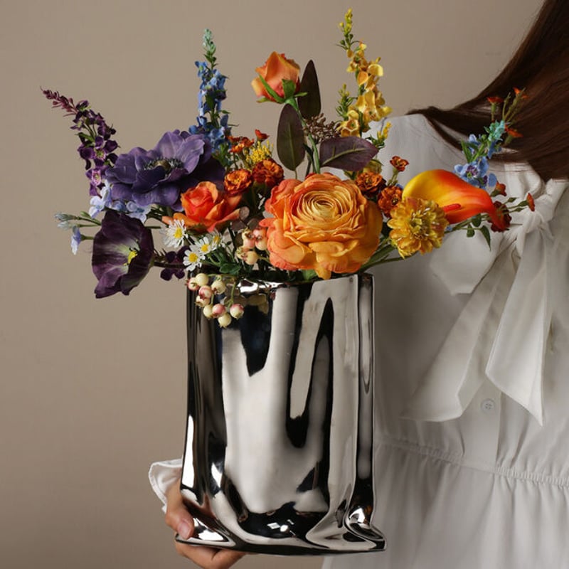 メッキ くしゃくしゃ ハンドバッグ花瓶 フラワーベース Flower Vase116