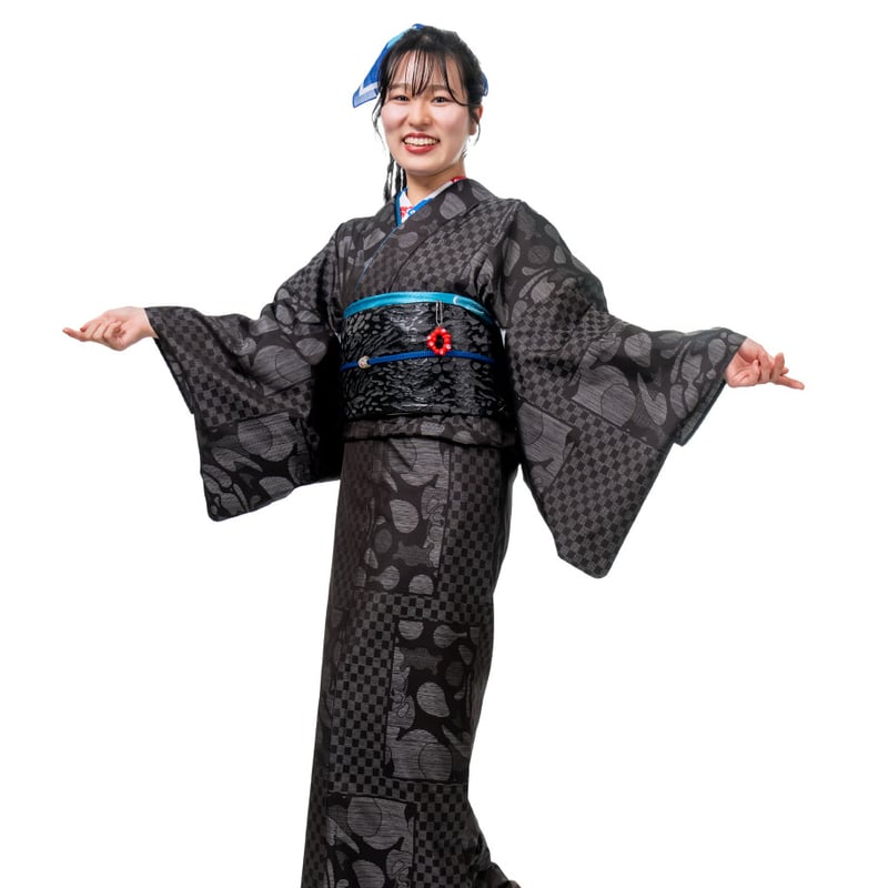 大島紬　黒とグレーの市松模様着物 大島紬 市松模様×いのちの循環（大阪・関西万博公式ライセンス商品