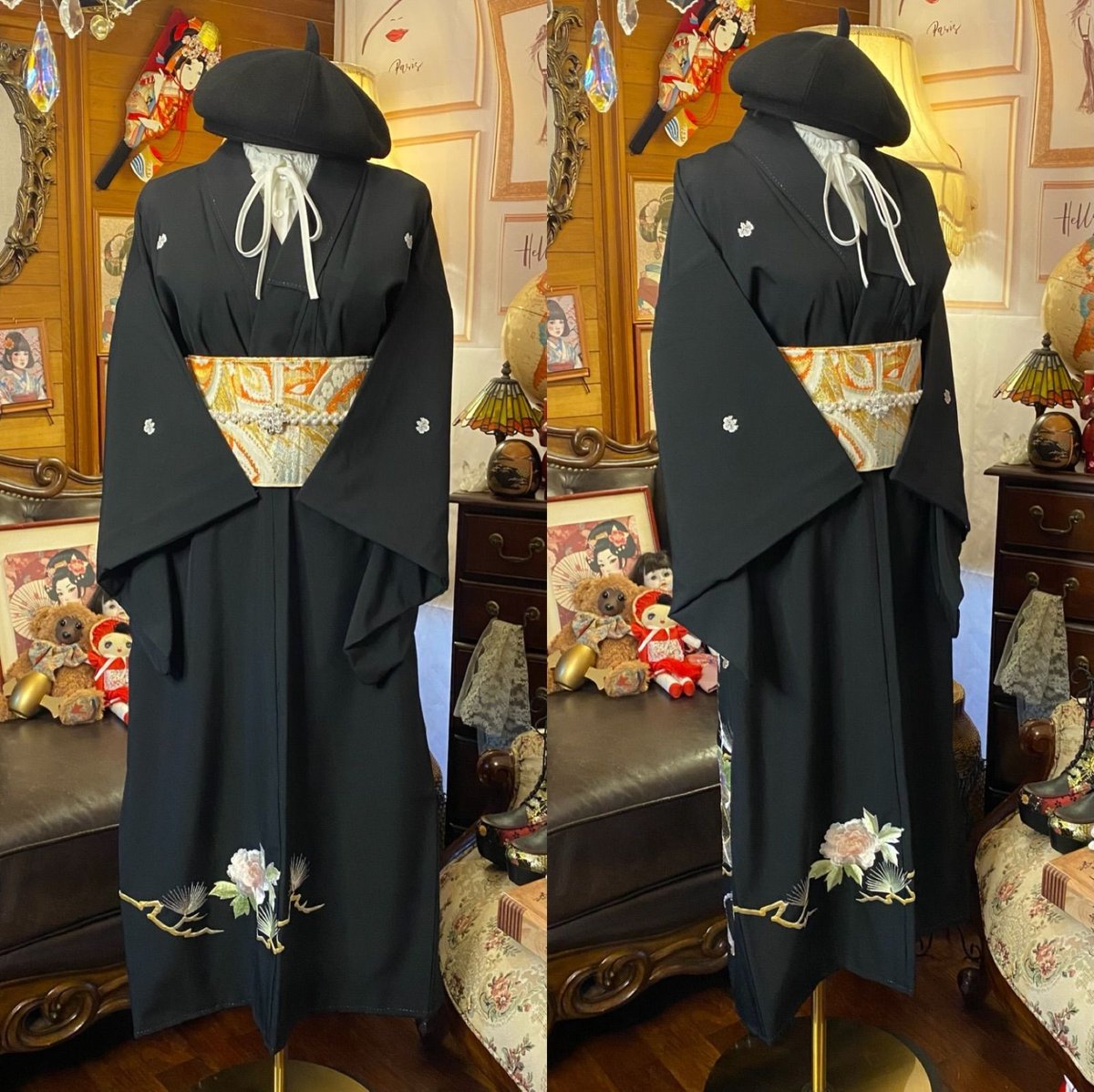 黒留袖 着物 リメイク セミロング ワンピース ドレス 洗える 化繊 二/2