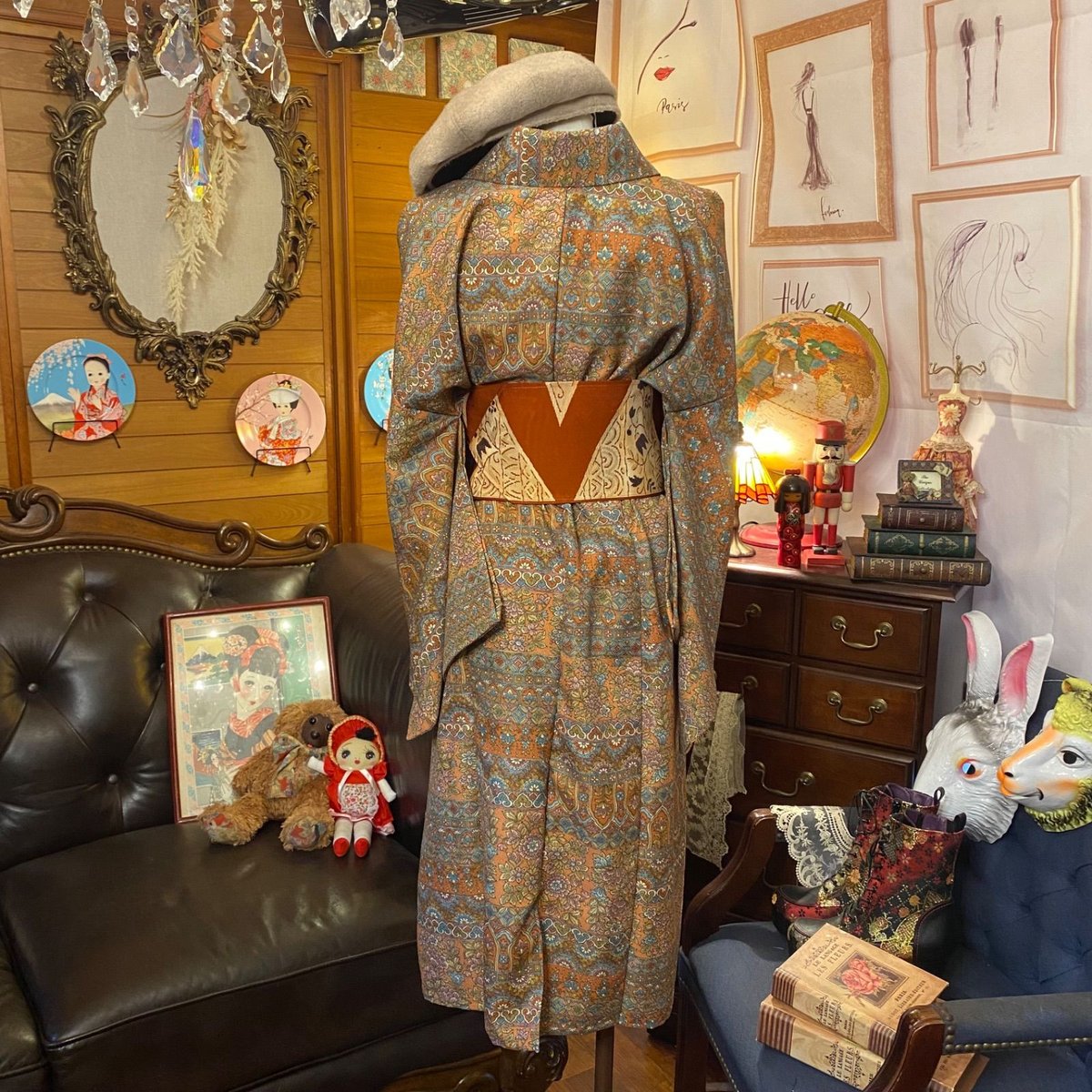 和洋折衷 レトロ 古着 洗える 化繊 着物 和 モダン ハンドメイド  