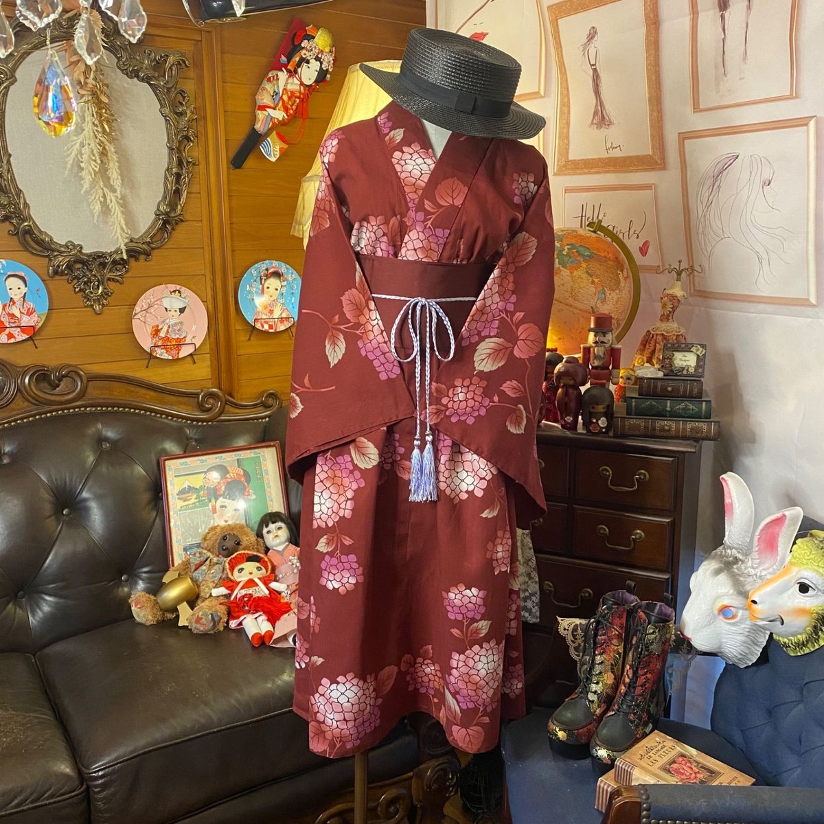 浴衣リメイク　ワンピース&リボンベルトセット 和洋折衷 浴衣 リメイク ワンピース ドレス 帯サッシュベルト
