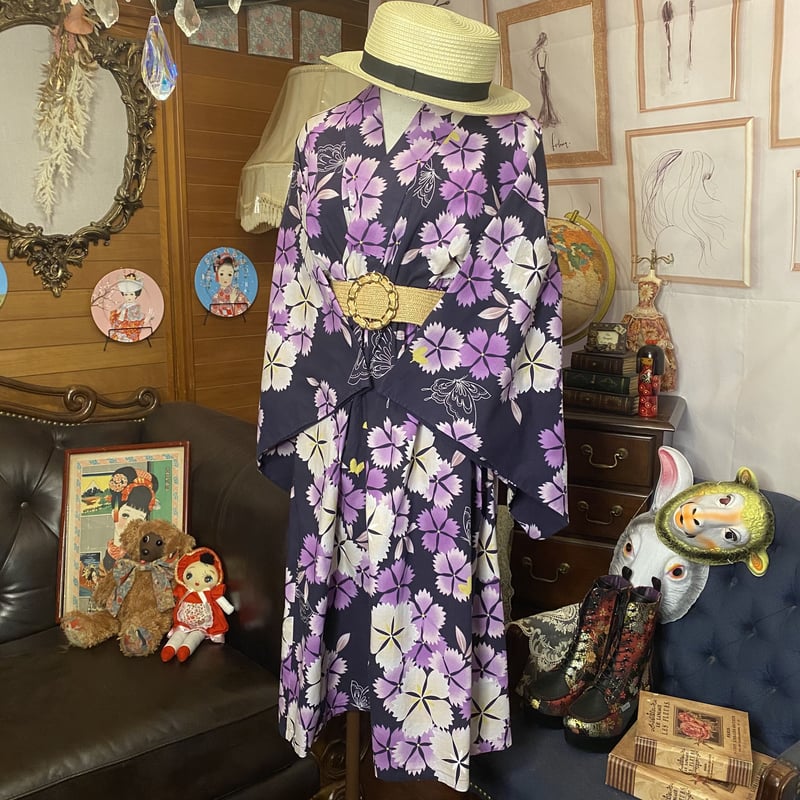 和洋折衷 レトロ 古着 桜 さくら 蝶々 浴衣 和 モダン ハンドメイド