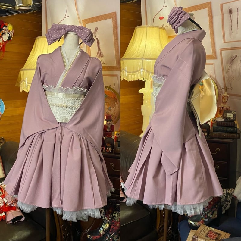 和洋折衷 単衣着物 ミニ丈 ワンピース ドレス 和ロリ 2部式作り帯  