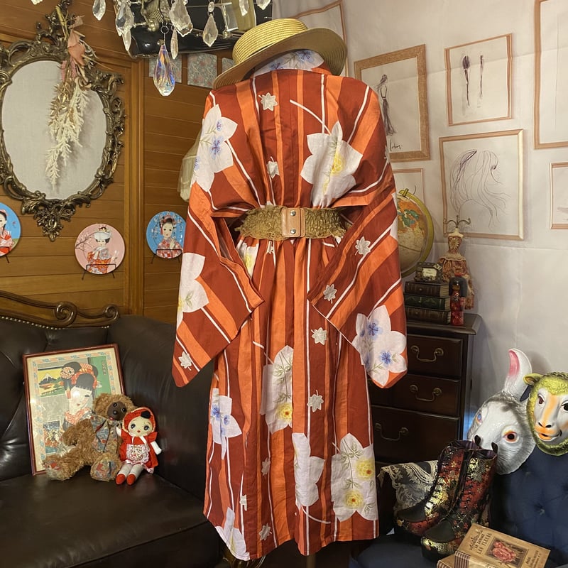 和洋折衷 レトロ 古着 夏 ストライプ モダン 浴衣 和 ハンドメイド