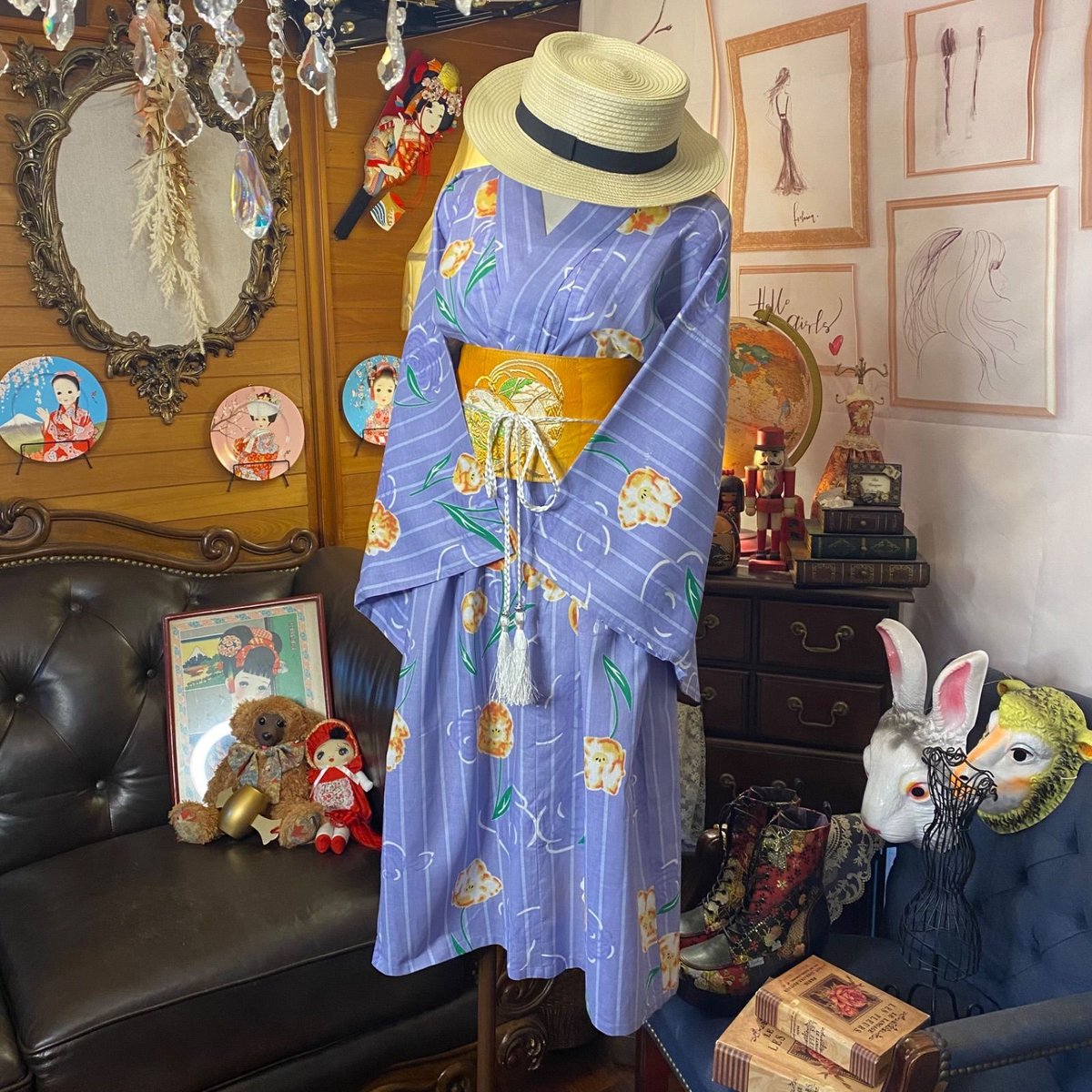 和洋折衷 浴衣 リメイク ワンピース ドレス 名古屋帯サッシュベルト  