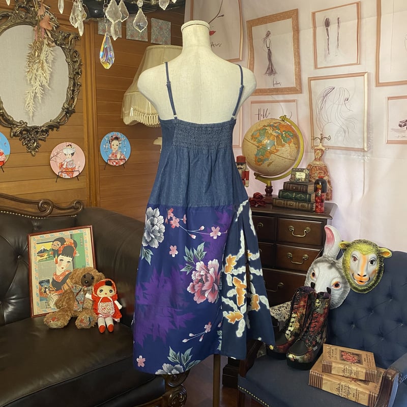 和洋折衷 レトロ古着 浴衣 ハンドメイド リメイク 和 切り替え デニム 