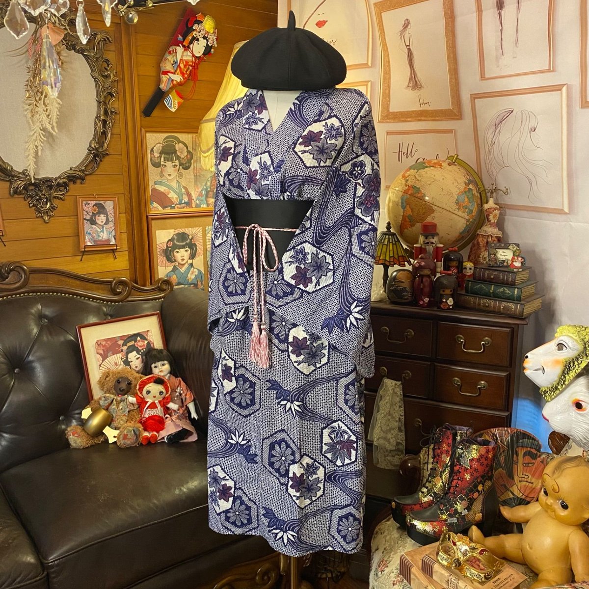 着物　浴衣　絞り生地　一反　ブルー系　ワンピース　トップス　ハンドメイド 着物 浴衣 絞り生地 一反 ブルー系 ワンピース トップス