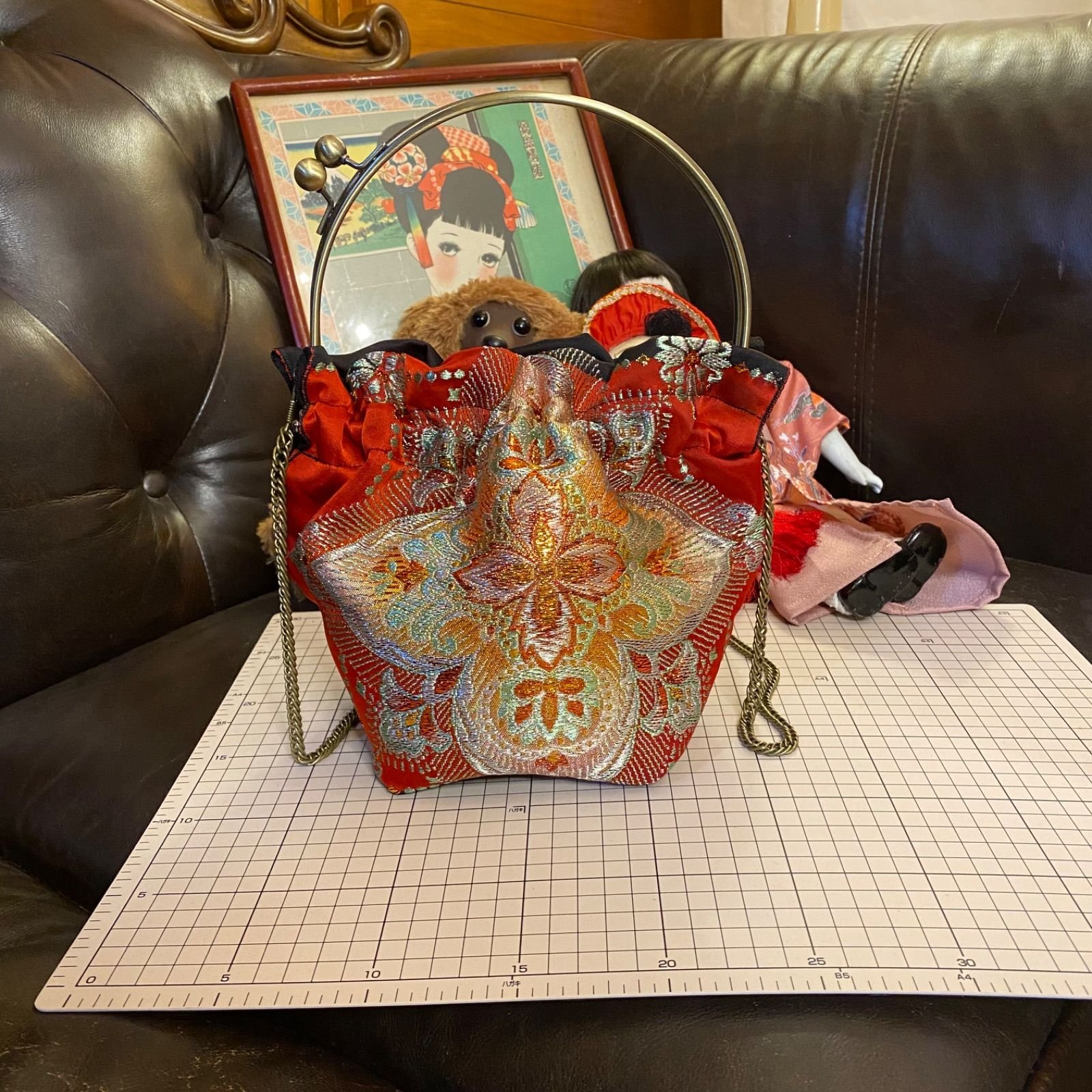 古布リメイクがま口バッグ　ドラゴン　刺繍　名古屋帯 和洋折衷 名古屋帯リメイク 2wayショルダーバッグ ハンドバッグ