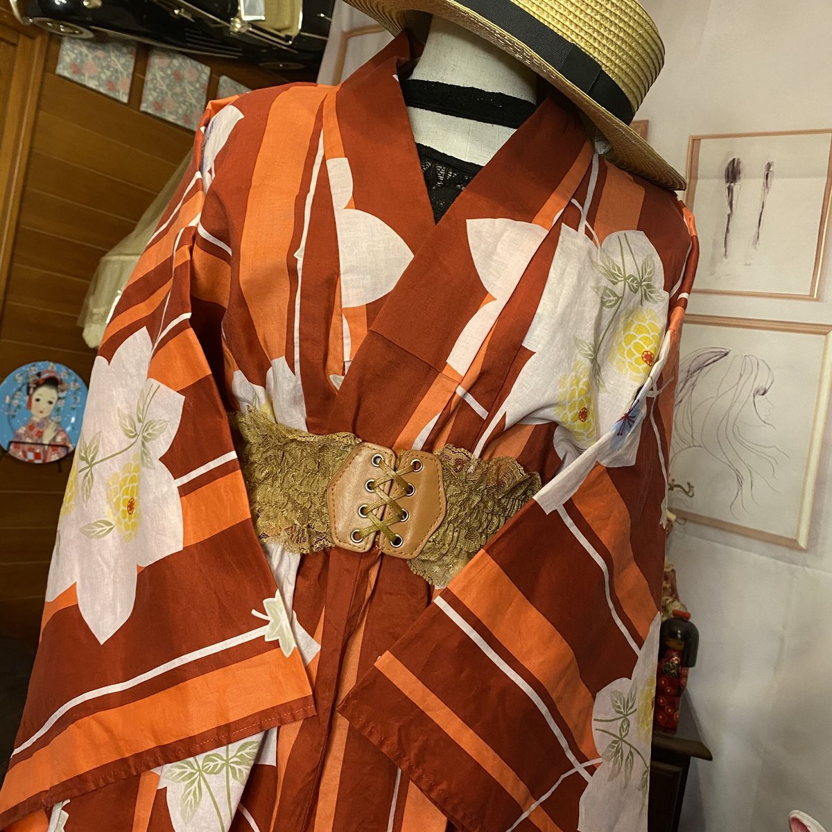 和洋折衷 レトロ 古着 夏 ストライプ モダン 浴衣 和 ハンドメイド