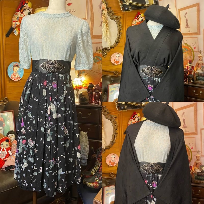 羽織　黒　薔薇　レトロ　アンティーク　和洋折衷コーデ　コスプレ　着物リメイク 羽織 黒 薔薇 レトロ アンティーク 和洋折衷コーデ コスプレ