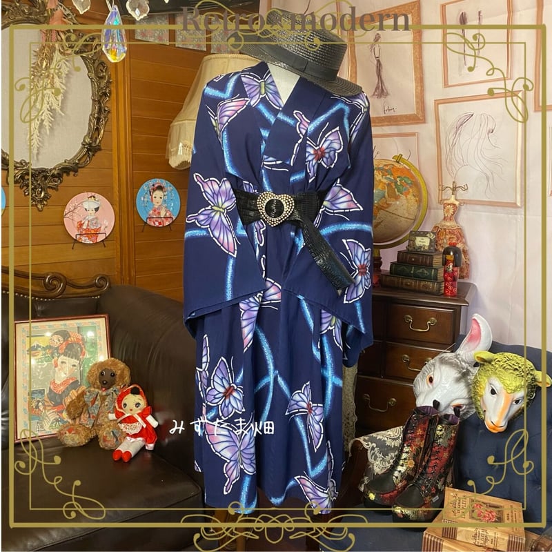 LL 浴衣リメイク 新品反物浴衣 濃紺団扇 フリル袖ゆったりワンピース 824bc22a07ff4641c1d7830afae4d1