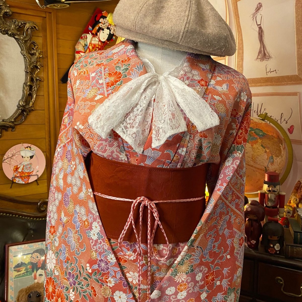 和洋折衷 着物 リメイク ロング 丈 ワンピース ドレス 洗える 化繊 帯