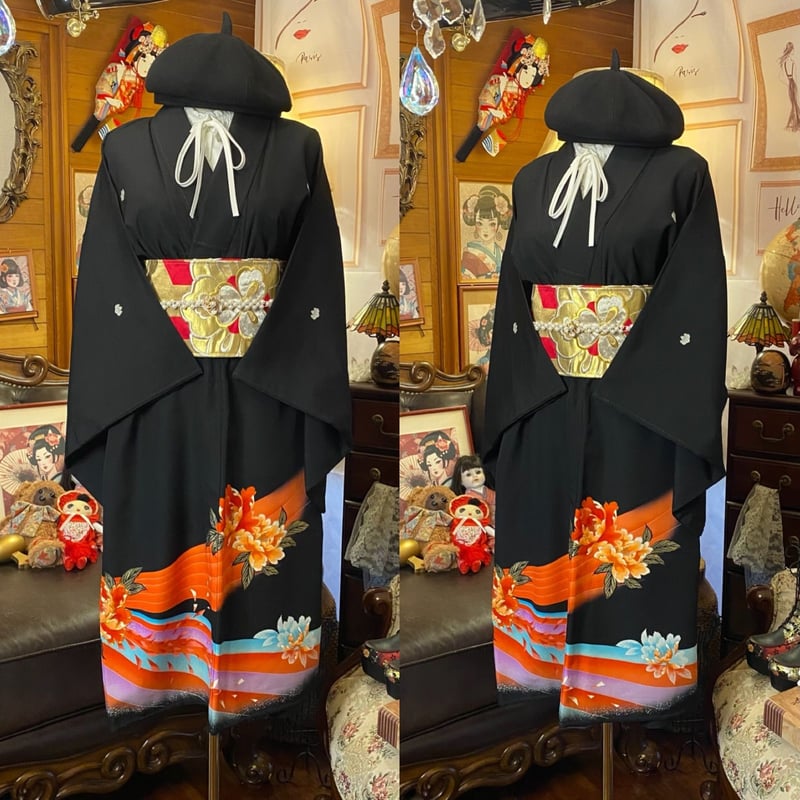 黒留袖 着物 リメイク ワンピース ドレス 洗える 化繊 二/2部式お太鼓