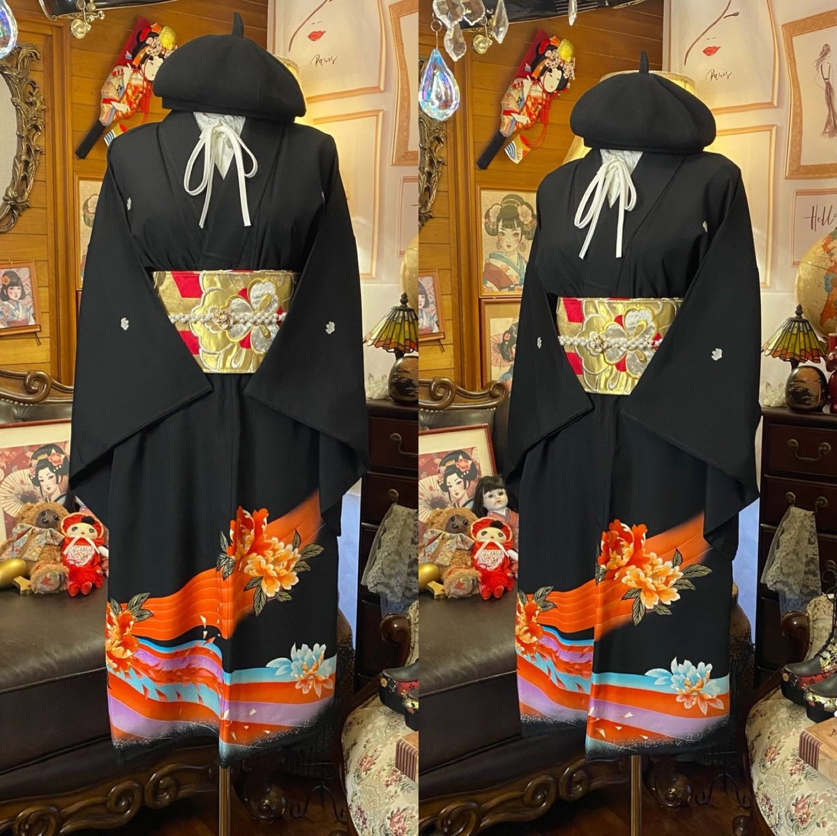 黒留袖 着物 リメイク ワンピース ドレス 洗える 化繊 二/2部式お太鼓