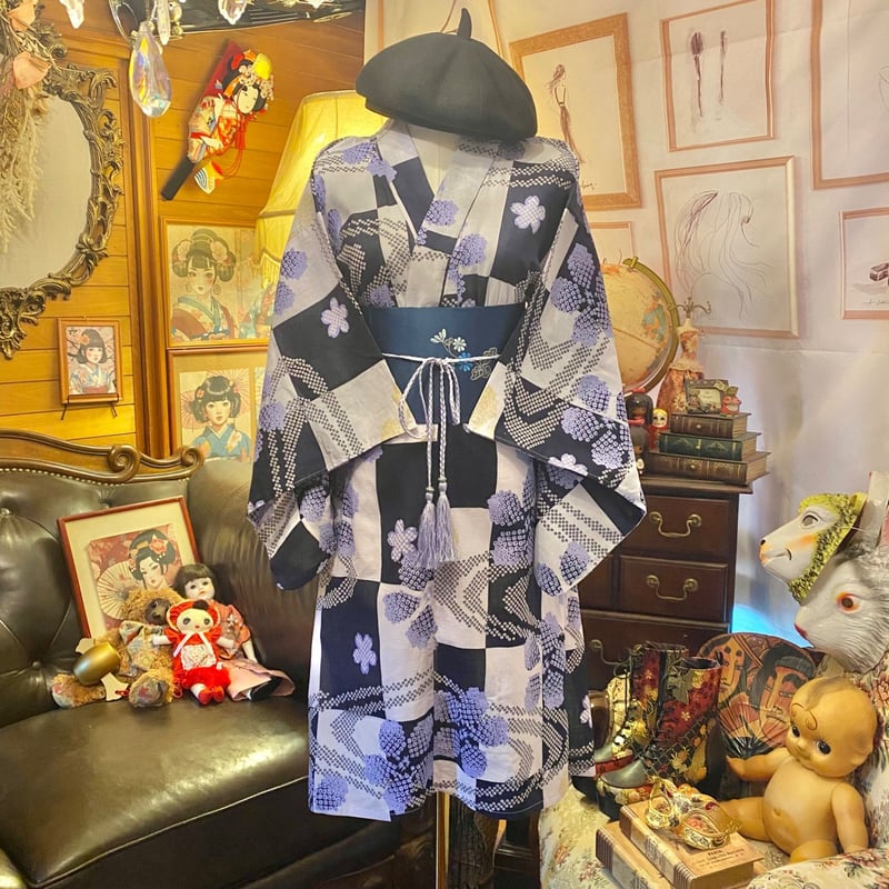 和洋折衷 リップル絞り藍染浴衣 リメイク ワンピース ドレス 名古屋帯