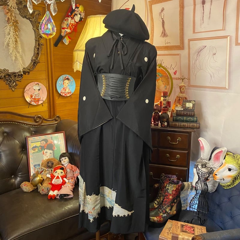 和洋折衷 黒留袖 着物 リメイク ワンピース ドレス 洗える 化繊
