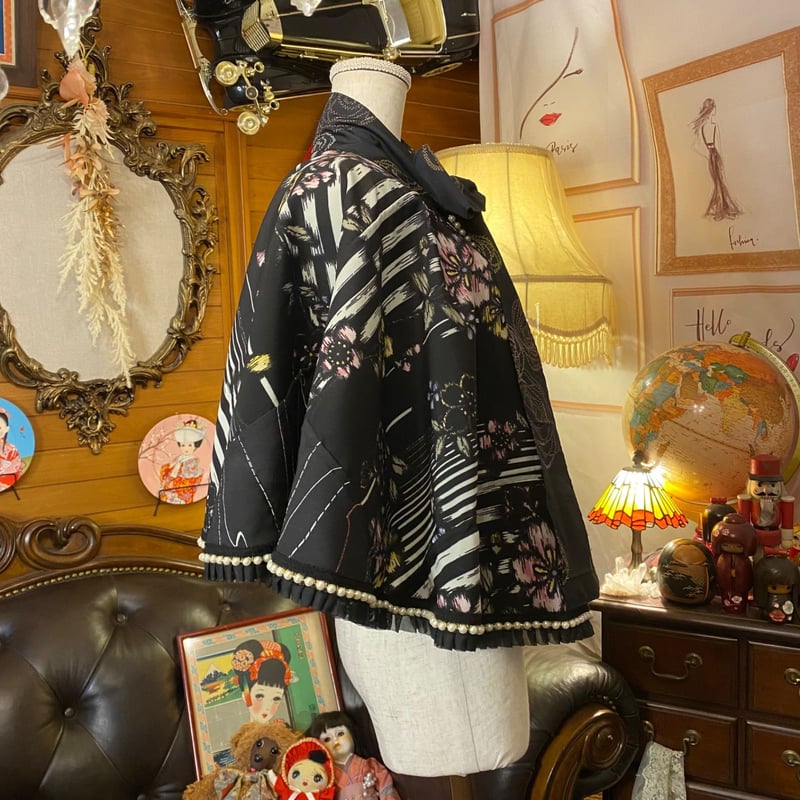 和洋折衷 着物 リメイク ポンチョ ケープ 和装コート パールフリル  