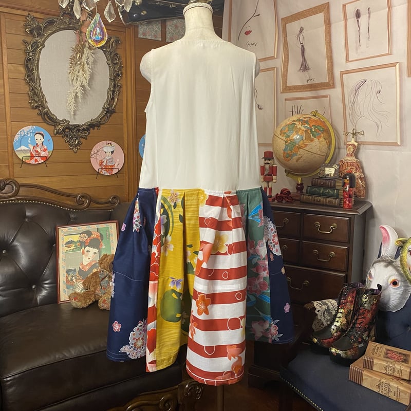 NONA★  【レリーフ風ボレロ付ワンピース 】　古布　　家紋　和布リメイク 和洋折衷 レトロ古着 浴衣 ハンドメイド リメイク 和 切り替え