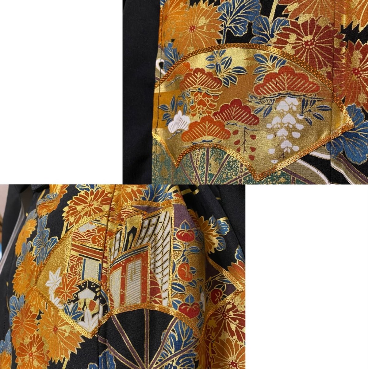 黒留袖 着物 リメイク ワンピース ドレス 和洋折衷 洗える 化繊 ハンドメイド レトロ 古着 陽光のオレンジと百花の競演 TKW-105 黒留袖 着物 リメイク ワンピース ドレス 和洋折衷 洗える 化繊 真紅の