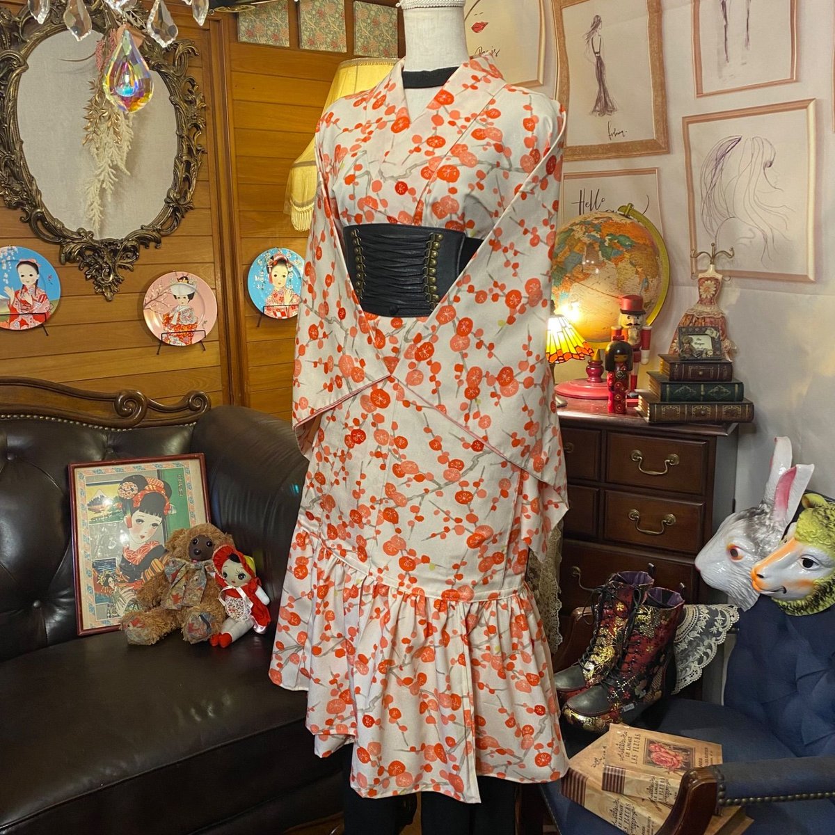和洋折衷 レトロ 古着 洗える 着物 化繊 和 ハンドメイド 2way  