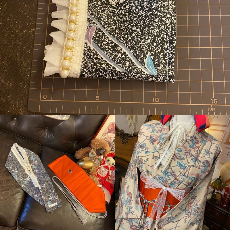 着物 ワンピース ドレス ハンドメイド リメイク 重ね衿 襟 帯サッシュベルト 帯バッスル 和洋折衷 洗える 化繊 レトロ 古着 KWS-14 金木犀のような明るい黄色の花々が全体を彩り、鮮やかなコントラストを描く 《みずたま畑のプレミアムお着物セット》 着物 ワンピース ドレス ハンドメイド リメイク 重ね衿 襟 名古屋帯