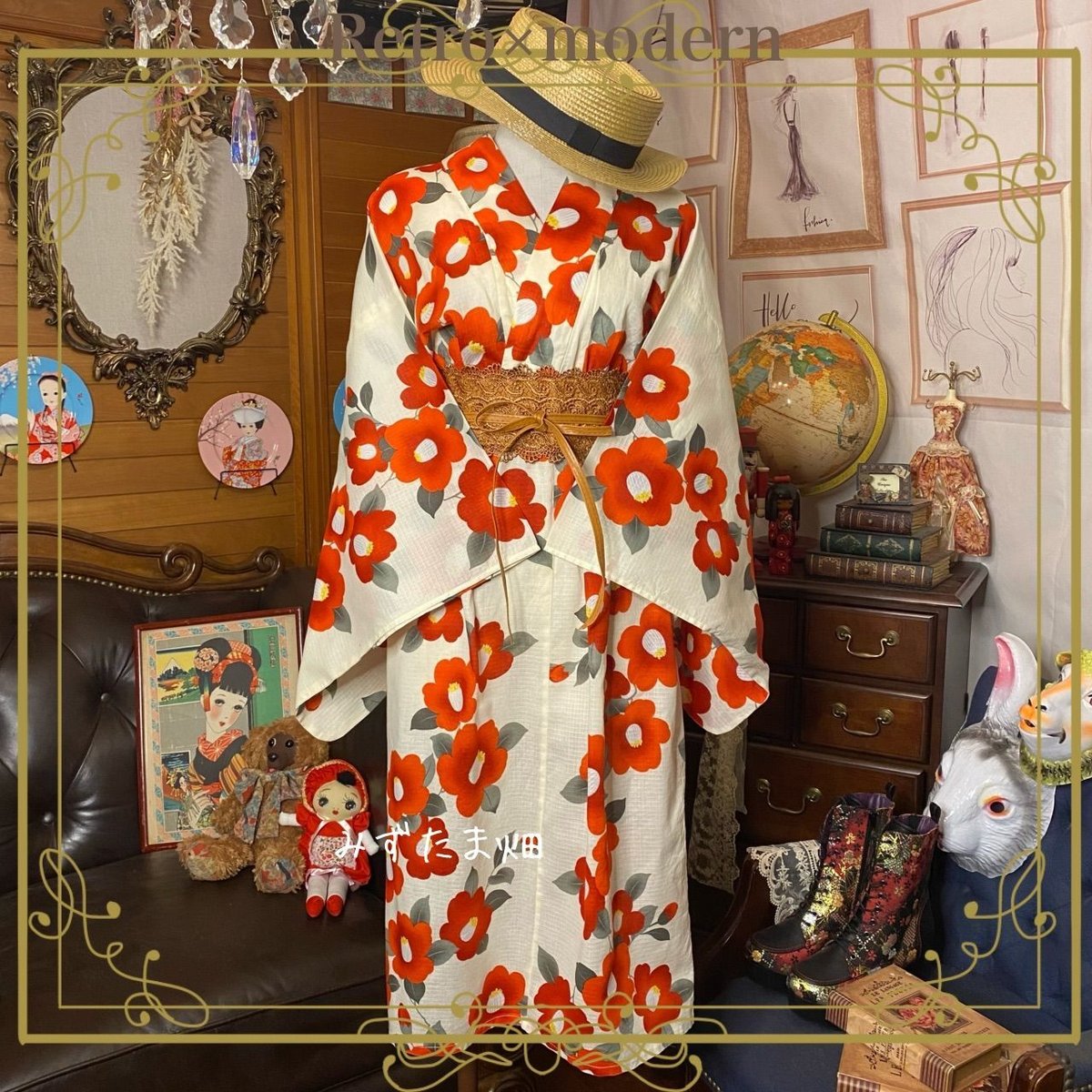 和洋折衷 レトロ 古着 お花 フラワー 浴衣 和 モダン ハンドメイド 