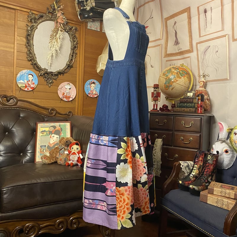 和洋折衷 レトロ古着 浴衣 ハンドメイド リメイク 和 切り替え デニム 