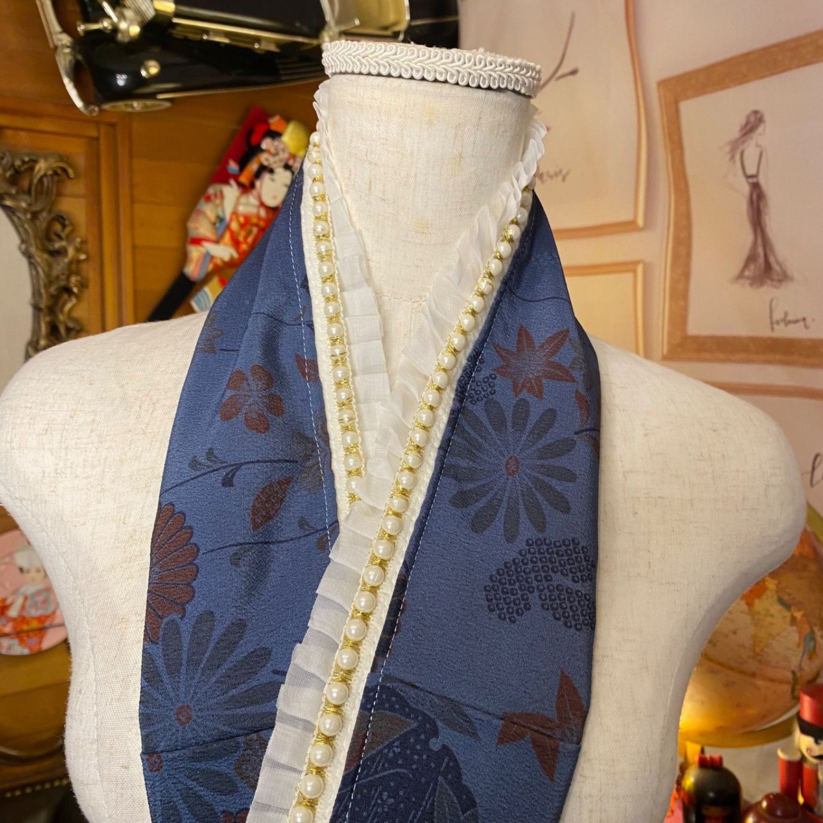 和洋折衷 着物 リメイク 重ね衿 伊達襟 パール フリル レトロ 古着 和