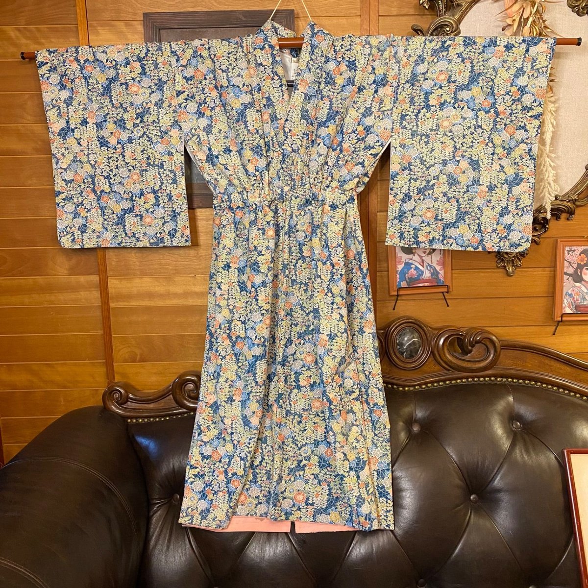 展示品◇着物リメイク◇ ドッキングワンピース若草色ストライプベルト付き