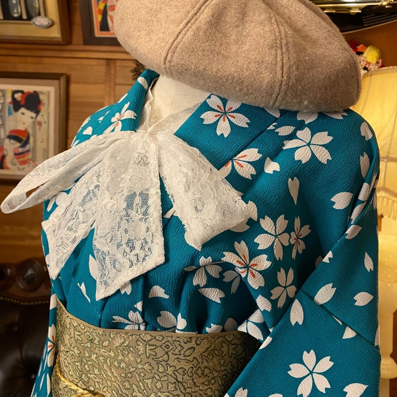 和洋折衷 古着 洗える 化繊 単衣 着物 和 モダン ハンドメイド