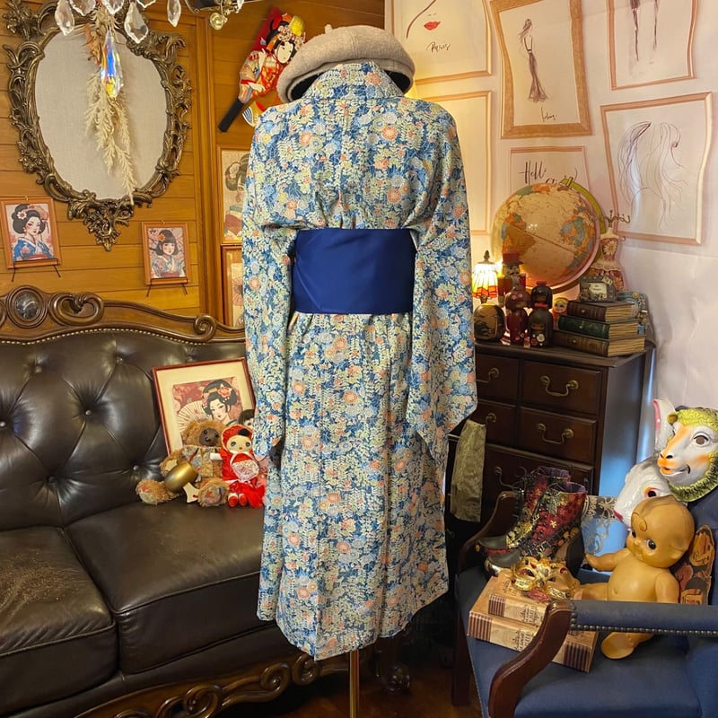 展示品◇着物リメイク◇ ドッキングワンピース若草色ストライプベルト付き