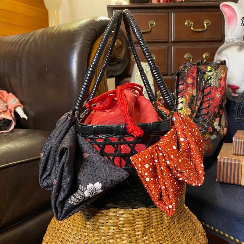 和洋折衷 着物 籠 かごバッグ 巾着 ハイカラおりぼん リメイク 和  