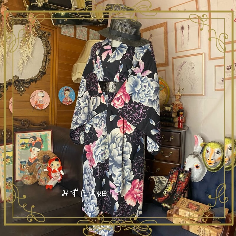 和洋折衷 レトロ 古着 夏 薔薇 ローズ バラ 浴衣 和 ハンドメイド