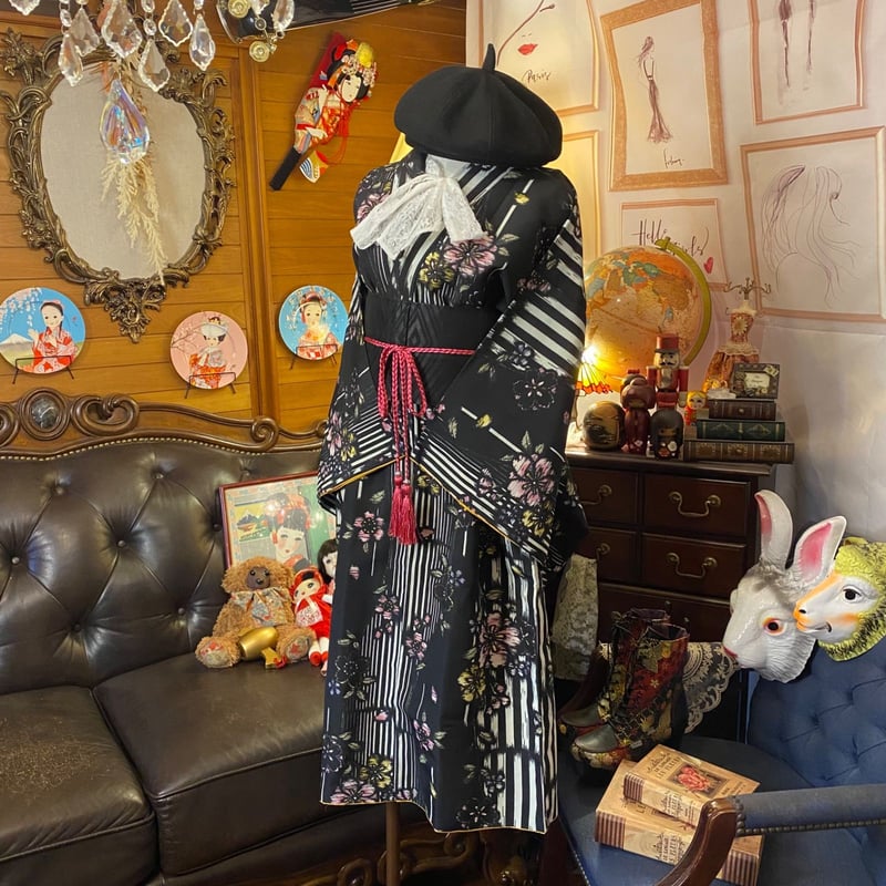 和洋折衷 着物 リメイク ワンピース ドレス 洗える 化繊 帯サッシュ  