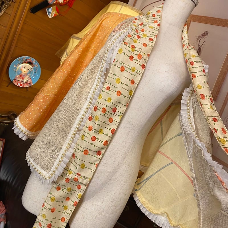和洋折衷 着物 リメイク ポンチョ ケープ 和装コート パールフリル