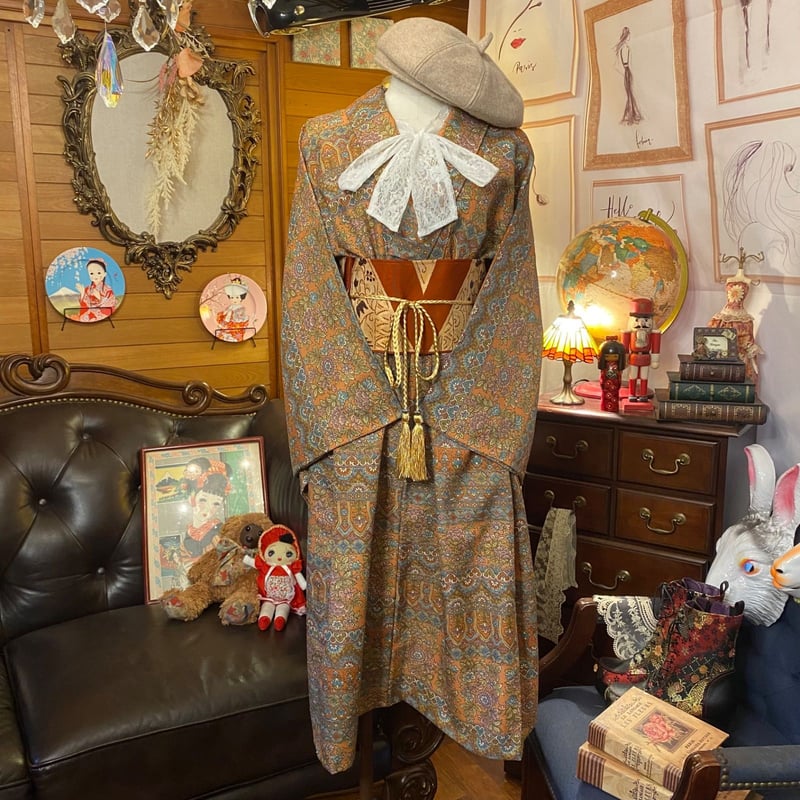 和洋折衷 レトロ 古着 洗える 化繊 着物 和 モダン ハンドメイド