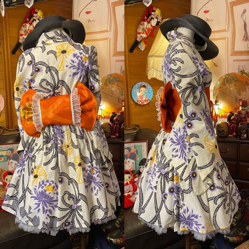 創作】オリジナル浴衣 ミニ丈 浴衣ドレス 和洋折衷 浴衣 ミニ丈 ワンピース ドレス 2部式作り帯 和ロリータ