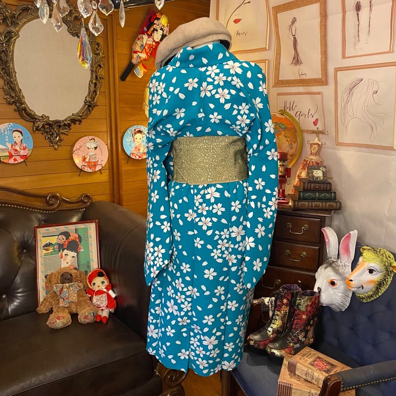 和洋折衷 古着 洗える 化繊 単衣 着物 和 モダン ハンドメイド