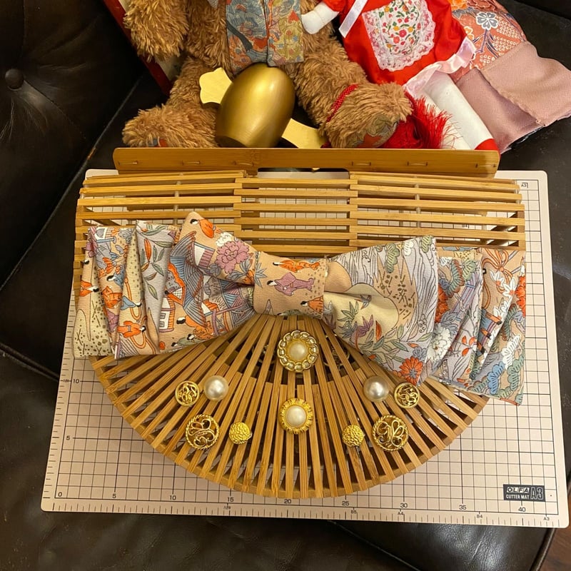 和洋折衷 着物 半月型籠 かごバッグ ハイカラおりぼん レトロボタン  