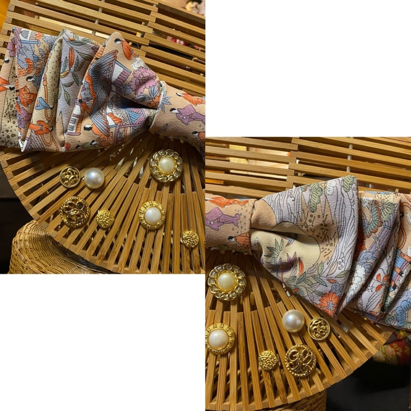 和洋折衷 着物 半月型籠 かごバッグ ハイカラおりぼん レトロボタン  