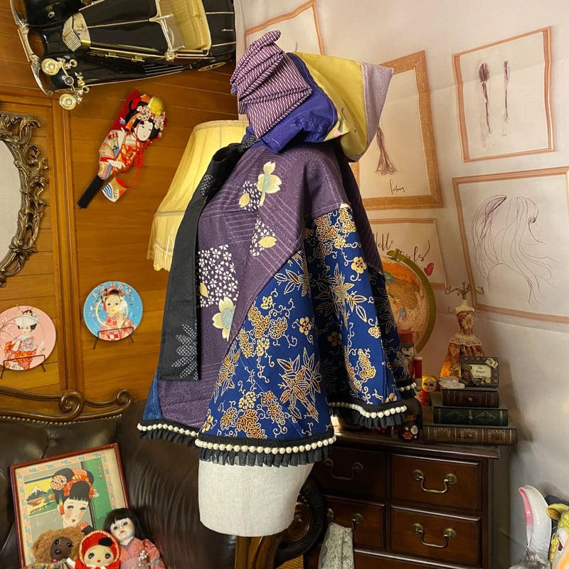 和洋折衷 着物 リメイク ポンチョ ケープ 和装コート フード付き